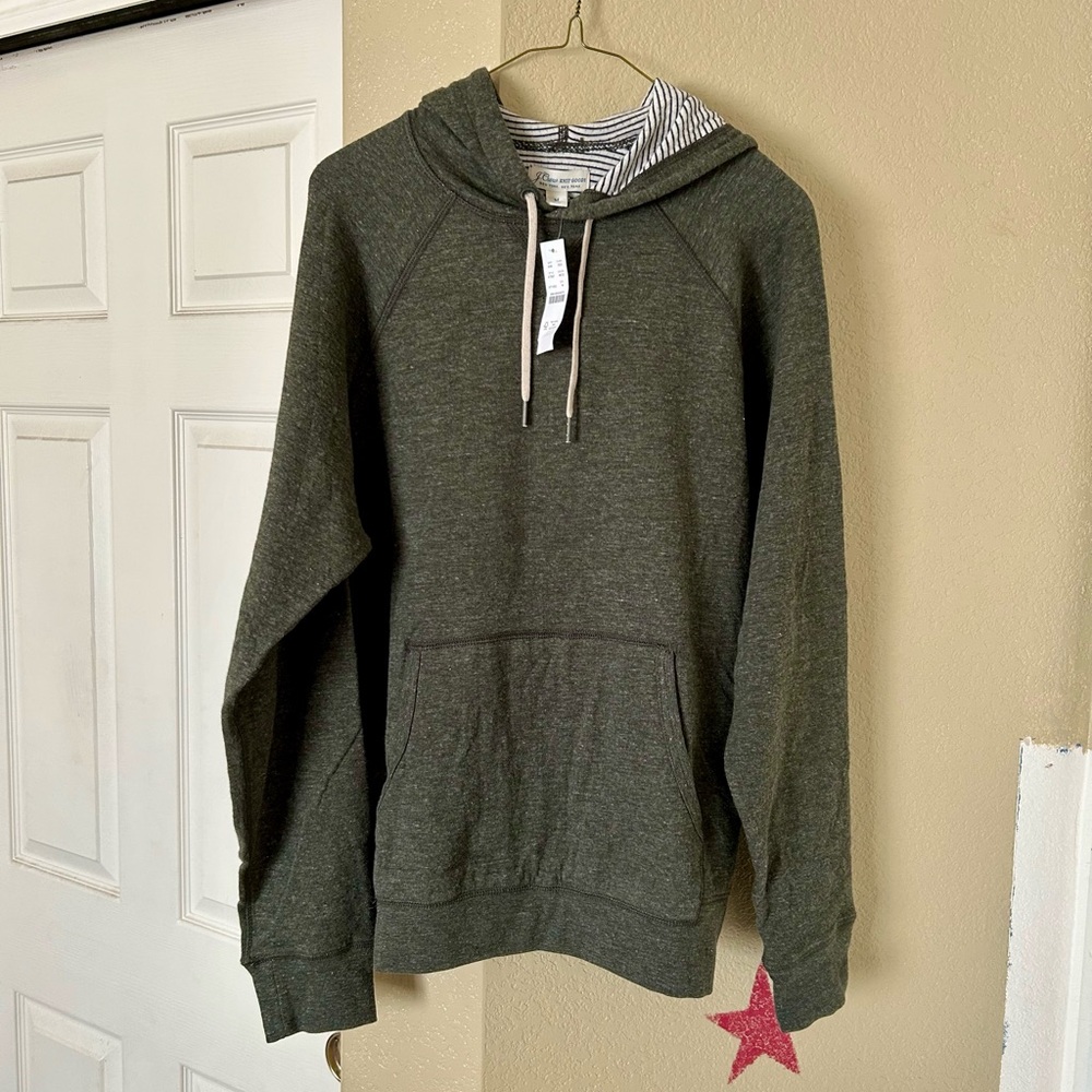 J Crew Olive Green Hoodie with Striped Hood Lining